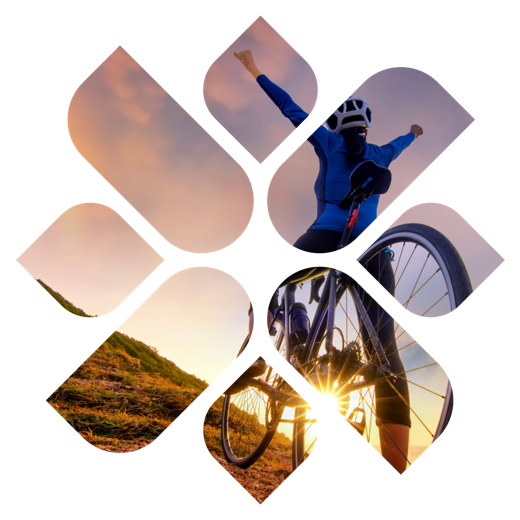 Cyclist, masked in the CareNexa brand icon shape